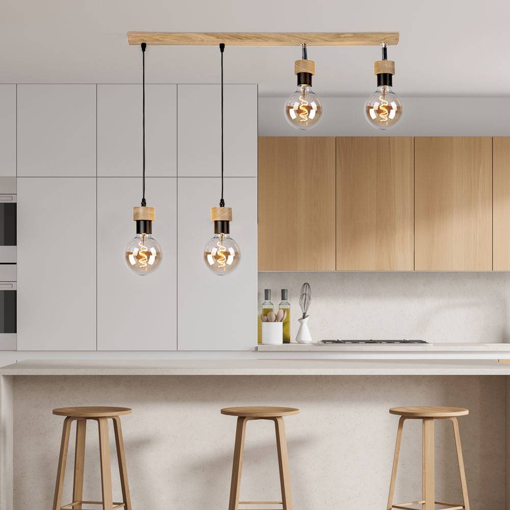 Hängeleuchte Holz Eiche Holzleuchte hängend Wohnzimmerleuchte Strahler schwenkbar, Metall schwarz, 4x E27 Fassungen, L 75 cm