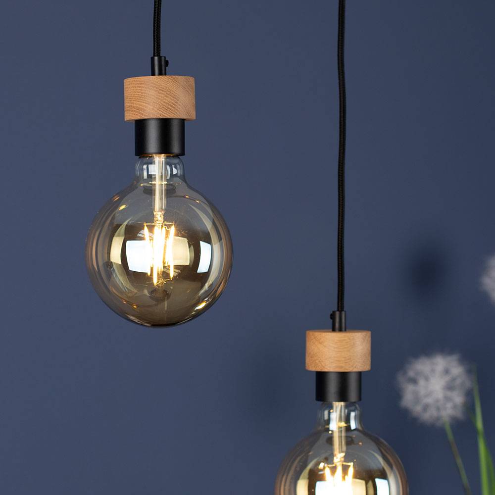 Hängeleuchte Holz Eiche Holzleuchte hängend Wohnzimmerleuchte Strahler schwenkbar, Metall schwarz, 4x E27 Fassungen, L 75 cm