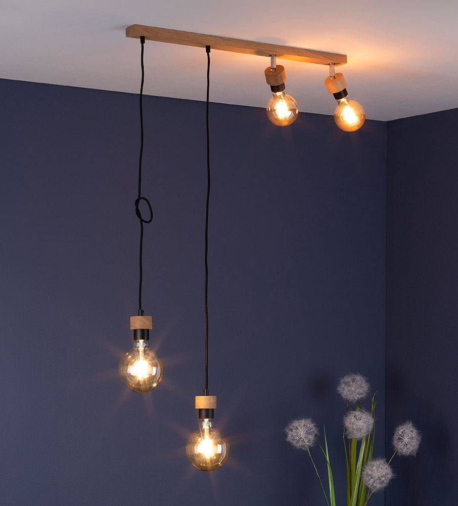 Hängeleuchte Holz Eiche Holzleuchte hängend Wohnzimmerleuchte Strahler schwenkbar, Metall schwarz, 4x E27 Fassungen, L 75 cm