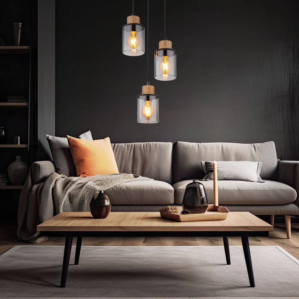 Pendelleuchte Hängelampe Esszimmerleuchte Wohnzimmerlampe Metall Glas rauchfarben 3 flammig D 27 cm