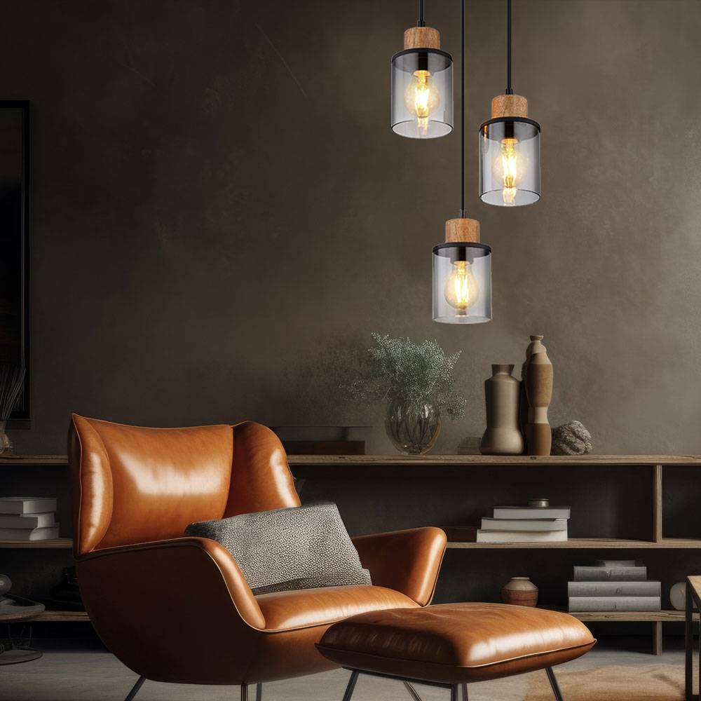 Pendelleuchte Hängelampe Esszimmerleuchte Wohnzimmerlampe Metall Glas rauchfarben 3 flammig D 27 cm