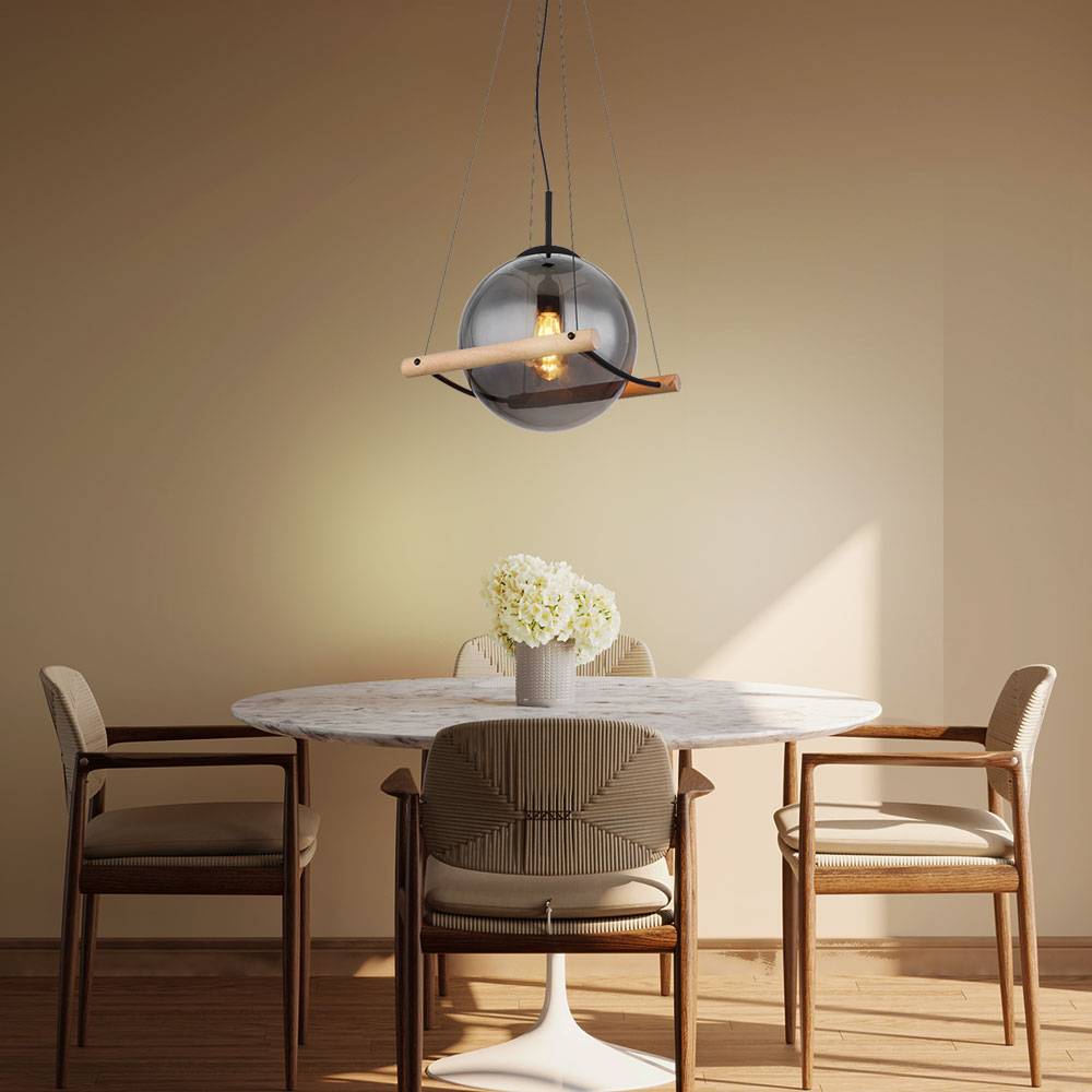 Pendellampe Hängelampe Hängeleuchte Esstischlampe Höhenverstellbar Rauchglas Metall schwarz Holz natur, 1x E27 Fassung, LxBxH 33,5x35x120cm