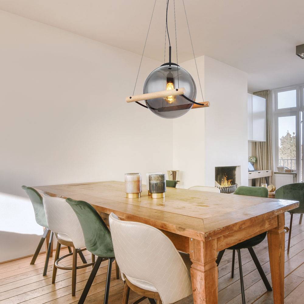 Pendellampe Hängelampe Hängeleuchte Esstischlampe Höhenverstellbar Rauchglas Metall schwarz Holz natur, 1x E27 Fassung, LxBxH 33,5x35x120cm