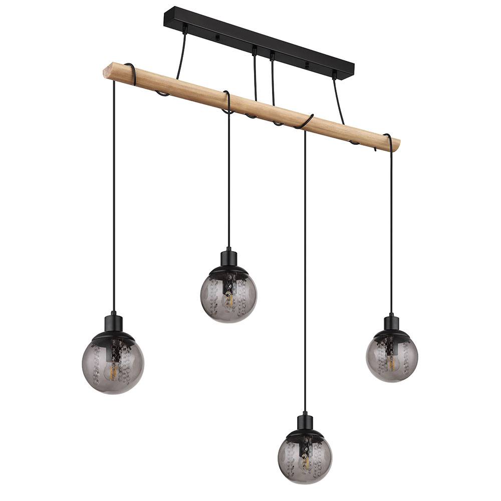 Pendelleuchte 4 flammig Hängelampe Esstisch Holzlampe Glas Wohnzimmerlampe zum verstellen, Metall Kunststoff, schwarz braun, 4x E27 Fassungen, LxBxH