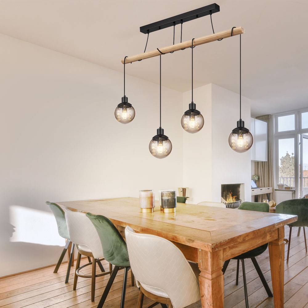 Pendelleuchte 4 flammig Hängelampe Esstisch Holzlampe Glas Wohnzimmerlampe zum verstellen, Metall Kunststoff, schwarz braun, 4x E27 Fassungen, LxBxH