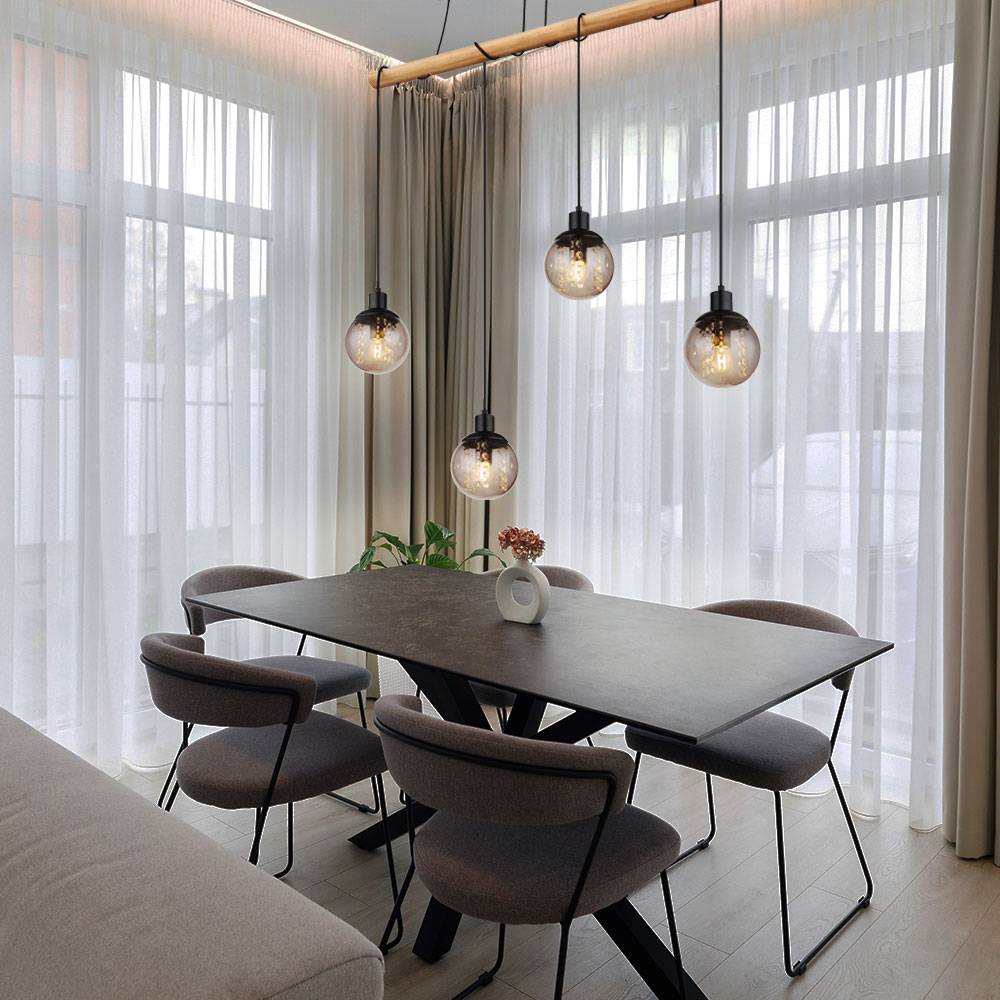 Pendelleuchte 4 flammig Hängelampe Esstisch Holzlampe Glas Wohnzimmerlampe zum verstellen, Metall Kunststoff, schwarz braun, 4x E27 Fassungen, LxBxH