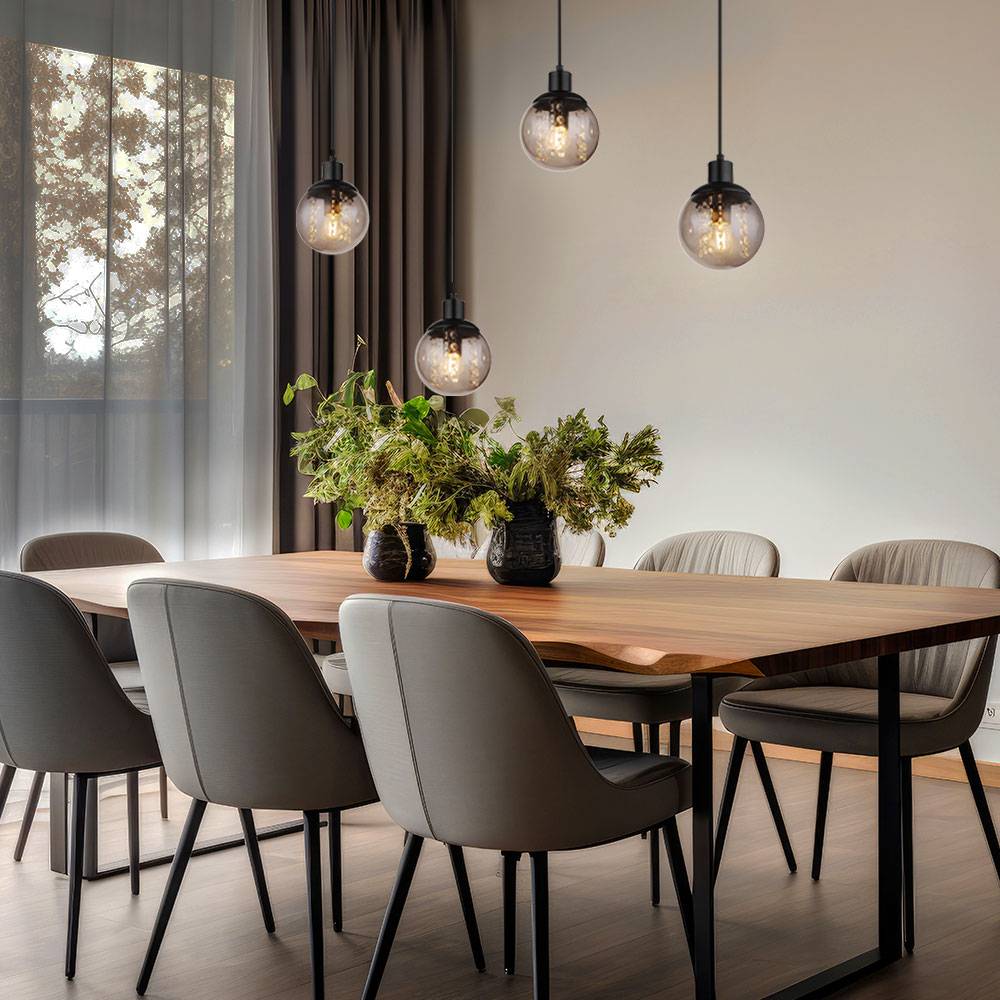 Pendelleuchte 4 flammig Hängelampe Esstisch Holzlampe Glas Wohnzimmerlampe zum verstellen, Metall Kunststoff, schwarz braun, 4x E27 Fassungen, LxBxH