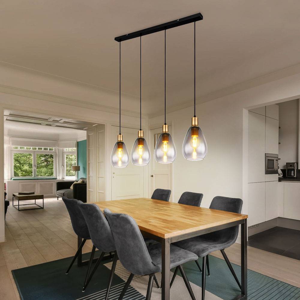 Hängelampe Pendelleuchte rauchglas 4 Flammig schwarz Wohnzimmer Deckenleuchte hängend, Metall messing, E27 Fassungen, LxBxH 90x15x120 cm
