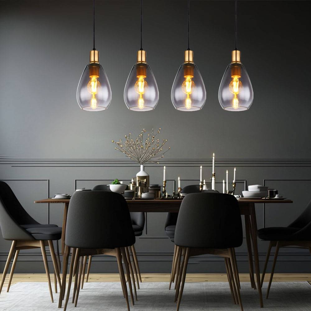 Hängelampe Pendelleuchte rauchglas 4 Flammig schwarz Wohnzimmer Deckenleuchte hängend, Metall messing, E27 Fassungen, LxBxH 90x15x120 cm