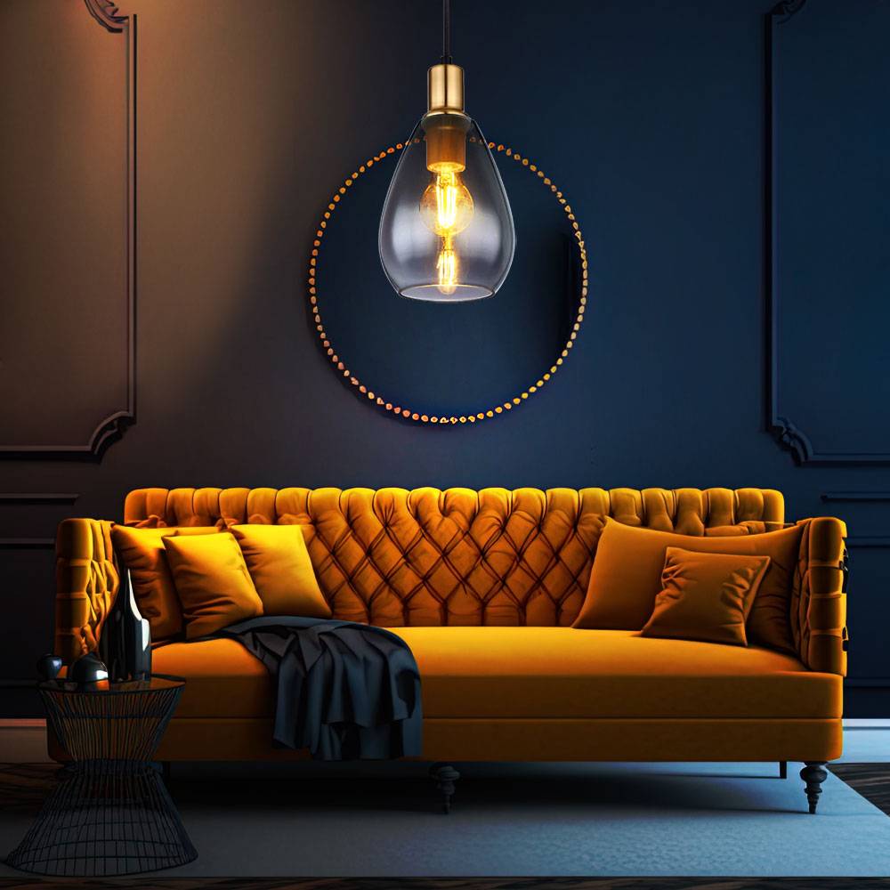 Pendelleuchte Hängelampe rauchglas Wohnzimmer 1 Flammig schwarz Deckenleuchte hängend, Metall messing, E27 Fassungen, DxH 15x120 cm, 2er Set