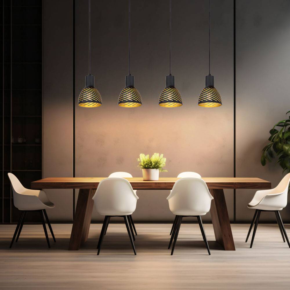 Hängelampe schwarz gold Esstischleuchte Pendellampe 4 flammig Wohnzimmer, Metall Holzoptik, 4x E27, LxH 90x120