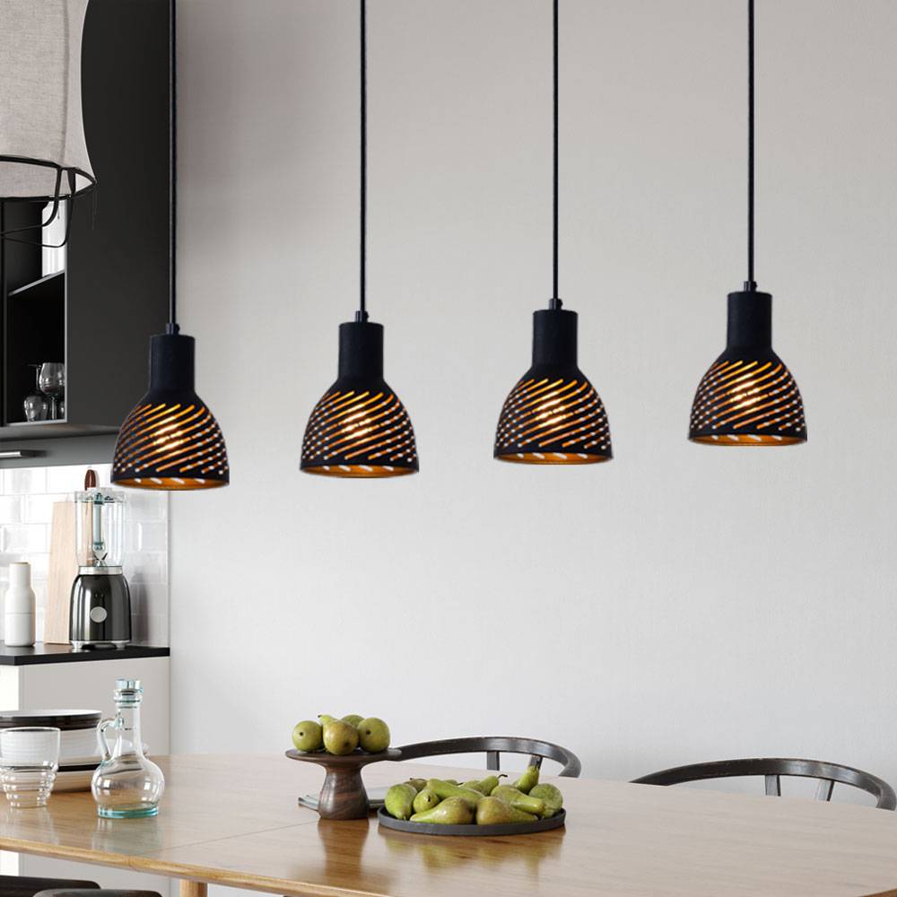 Hängelampe schwarz gold Esstischleuchte Pendellampe 4 flammig Wohnzimmer, Metall Holzoptik, 4x E27, LxH 90x120