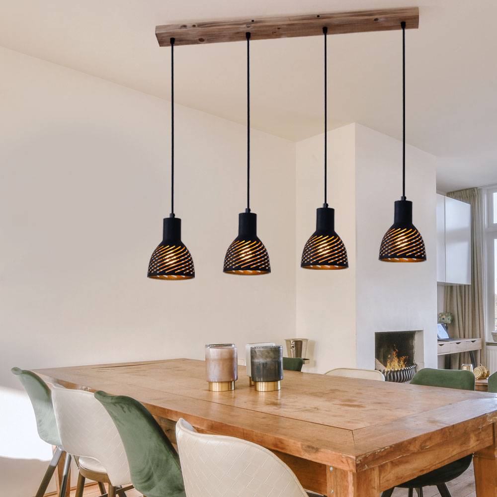 Hängelampe schwarz gold Esstischleuchte Pendellampe 4 flammig Wohnzimmer, Metall Holzoptik, 4x E27, LxH 90x120