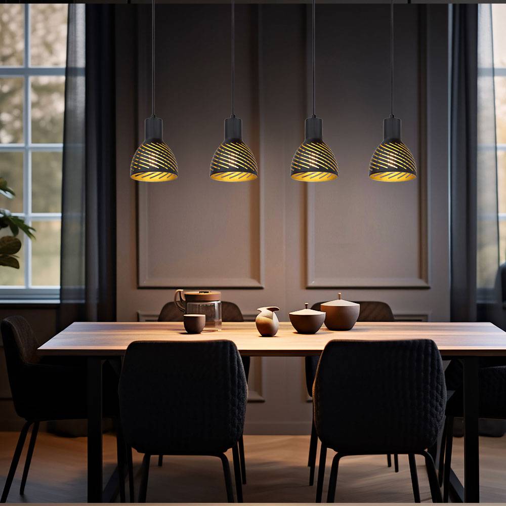 Hängelampe schwarz gold Esstischleuchte Pendellampe 4 flammig Wohnzimmer, Metall Holzoptik, 4x E27, LxH 90x120