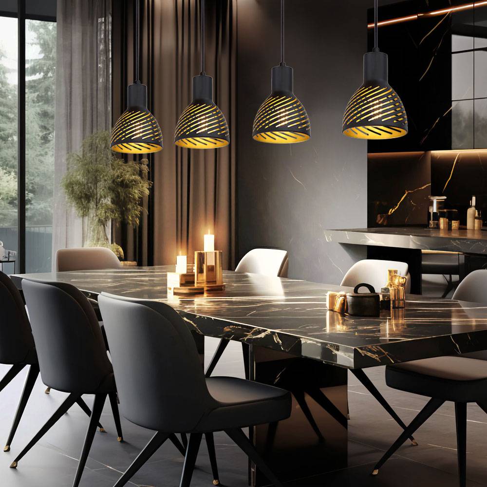 Hängelampe schwarz gold Esstischleuchte Pendellampe 4 flammig Wohnzimmer, Metall Holzoptik, 4x E27, LxH 90x120