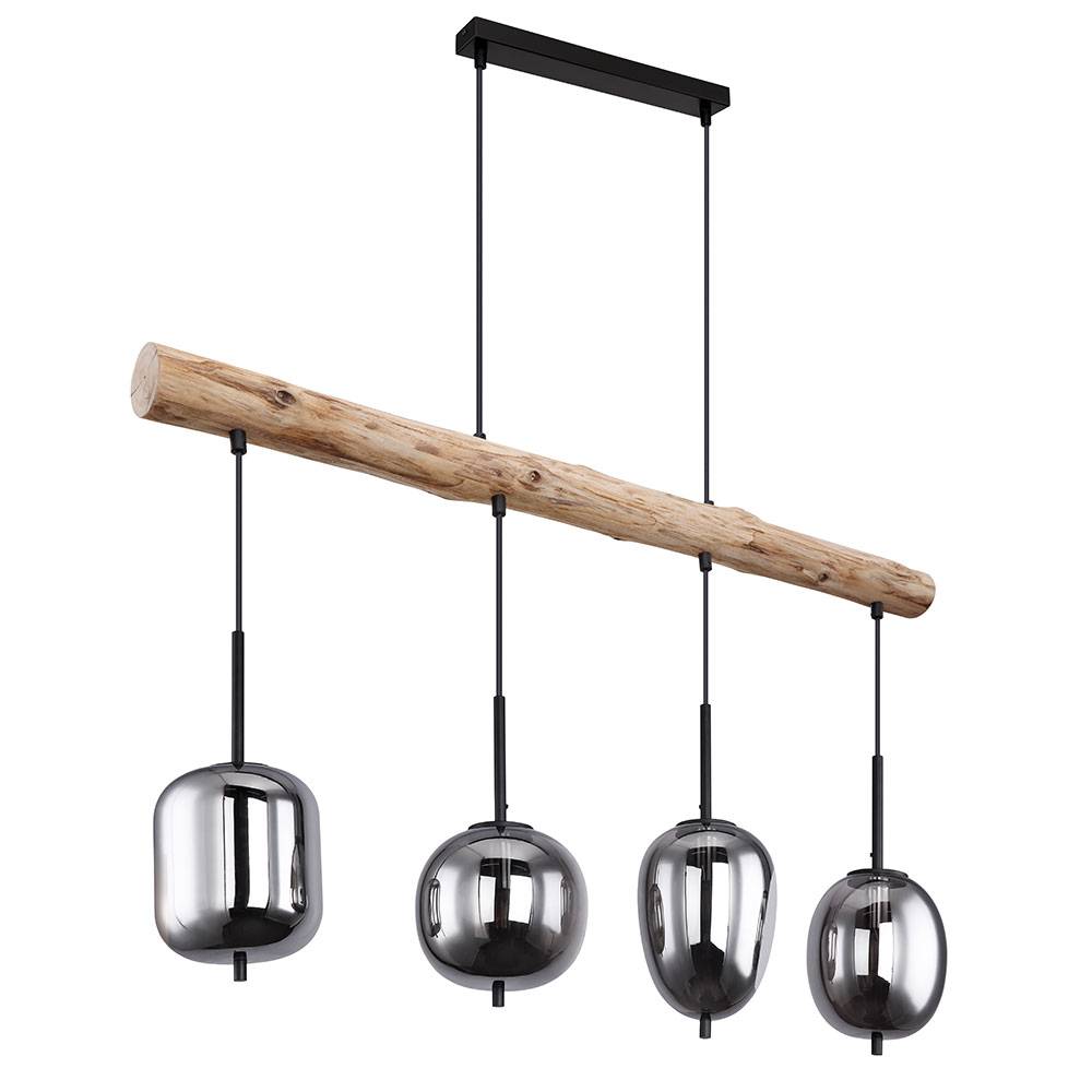 Hängelampe Holzlampe 4 flammig Glasschirm rauchfarben Pendelleuchte Hängeleuchte Wohnzimmerlampe, Metall Glas, schwarz natur, 4x E14 Fassungen, LxBx