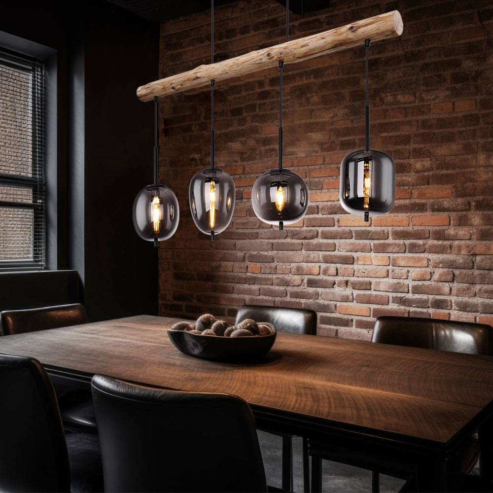 Hängelampe Holzlampe 4 flammig Glasschirm rauchfarben Pendelleuchte Hängeleuchte Wohnzimmerlampe, Metall Glas, schwarz natur, 4x E14 Fassungen, LxBx