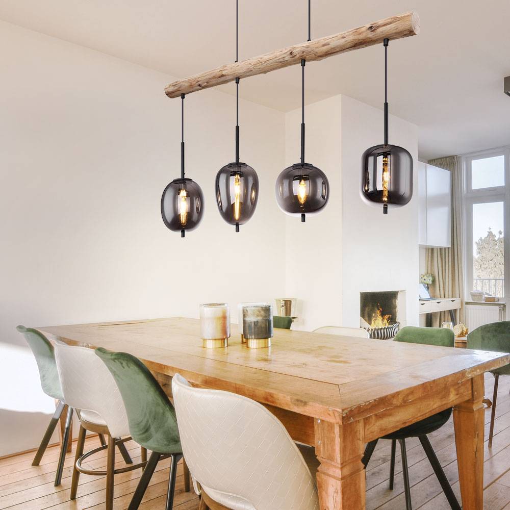 Hängelampe Holzlampe 4 flammig Glasschirm rauchfarben Pendelleuchte Hängeleuchte Wohnzimmerlampe, Metall Glas, schwarz natur, 4x E14 Fassungen, LxBx