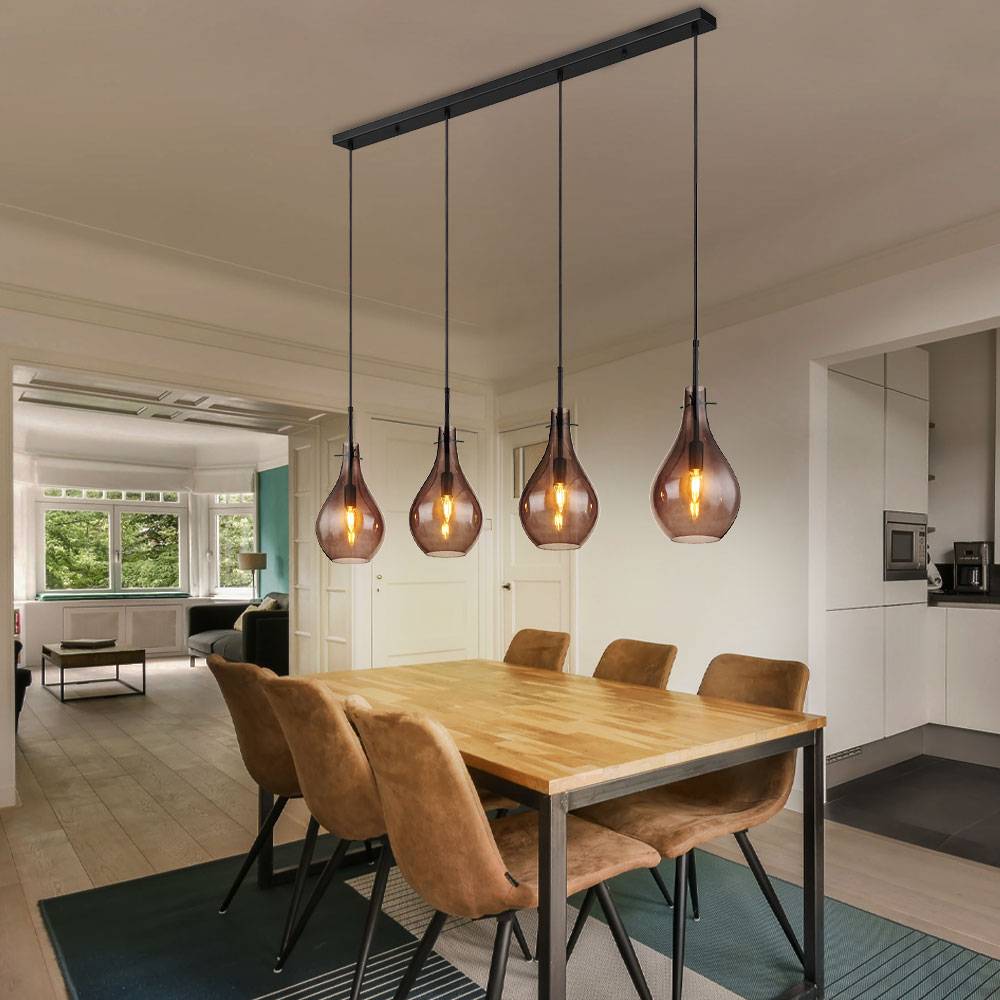 Hängeleuchte Rauchglas Pendelleuchte 4-Flammig Glas Esszimmerlampe hängend, Metall, 4x E14 Fassung, LxBxH 110x18x120 cm