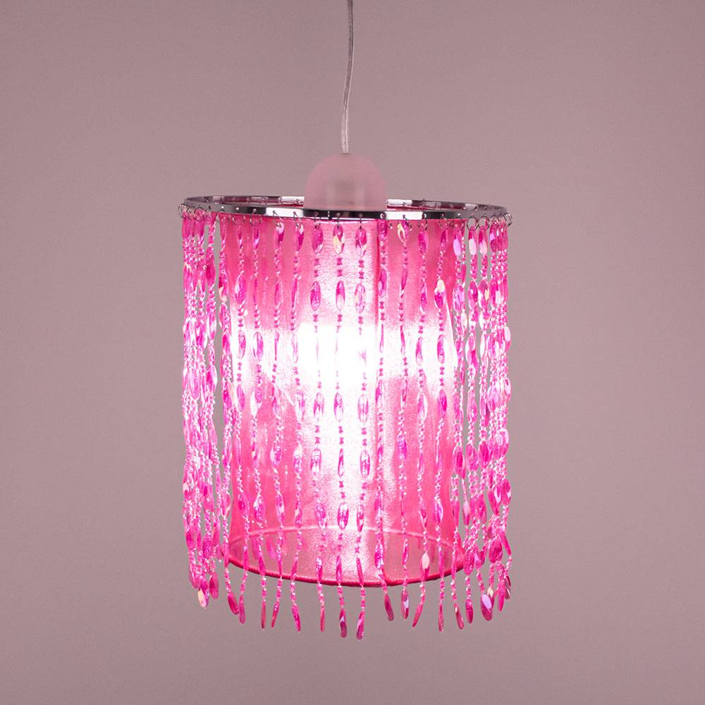 Hängelampe Hängeleuchte Kinderlampe Pendelleuchte Kinderzimmerleuchte, Kristalldekor Textilschirm pink, 1x E27 Fassung, DxH 22,5x129cm