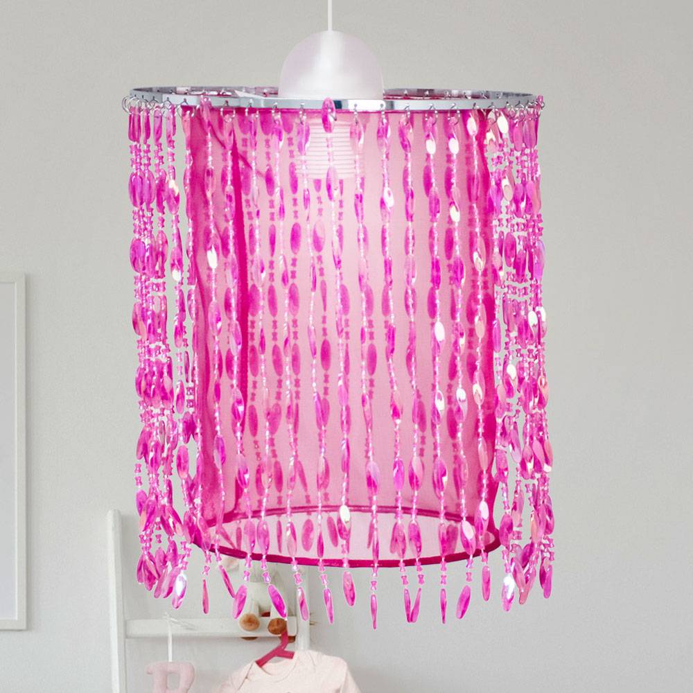Hängelampe Hängeleuchte Kinderlampe Pendelleuchte Kinderzimmerleuchte, Kristalldekor Textilschirm pink, 1x E27 Fassung, DxH 22,5x129cm