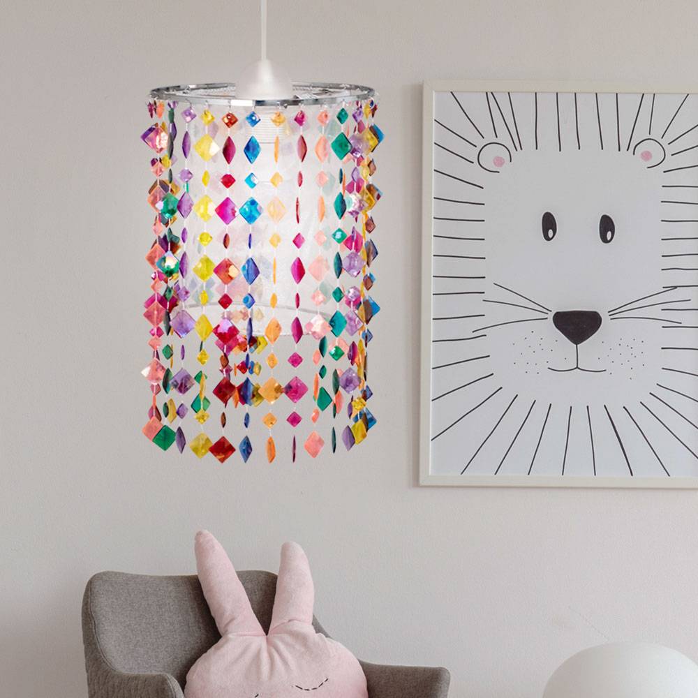 Hängelampe Pendelleuchte Pendellampe Kinderleuchte Mädchen Spielzimmer, Metall Textil Kristalle bunt, 1x E27 Fassung, DxH 22,5x136cm