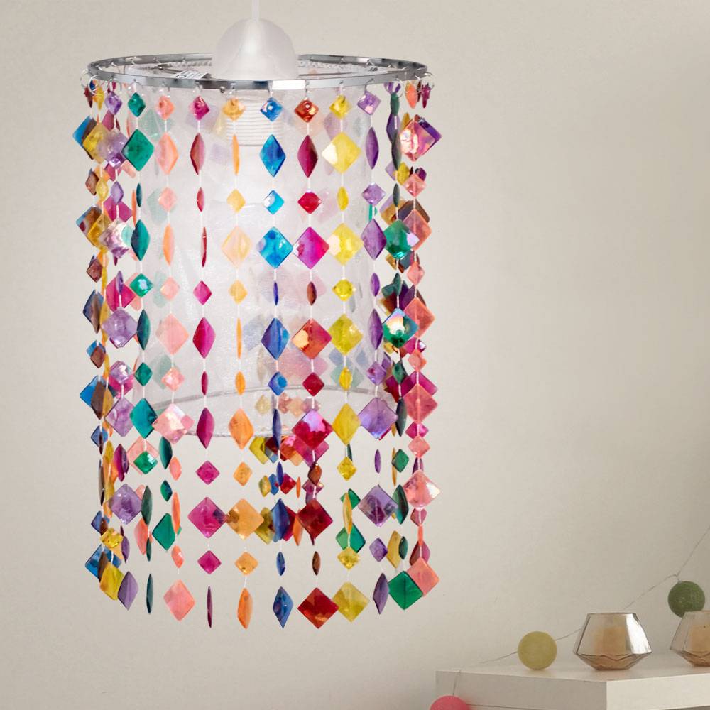 Hängelampe Pendelleuchte Pendellampe Kinderleuchte Mädchen Spielzimmer, Metall Textil Kristalle bunt, 1x E27 Fassung, DxH 22,5x136cm
