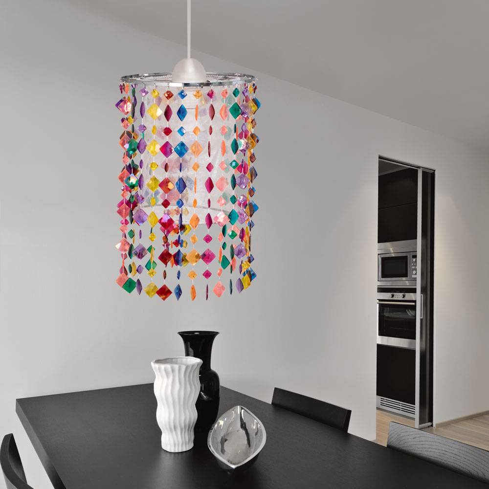 Hängelampe Pendelleuchte Pendellampe Kinderleuchte Mädchen Spielzimmer, Metall Textil Kristalle bunt, 1x E27 Fassung, DxH 22,5x136cm