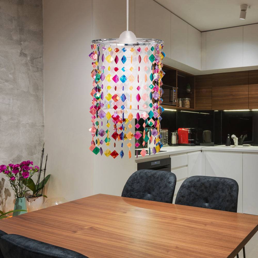 Hängelampe Pendelleuchte Pendellampe Kinderleuchte Mädchen Spielzimmer, Metall Textil Kristalle bunt, 1x E27 Fassung, DxH 22,5x136cm