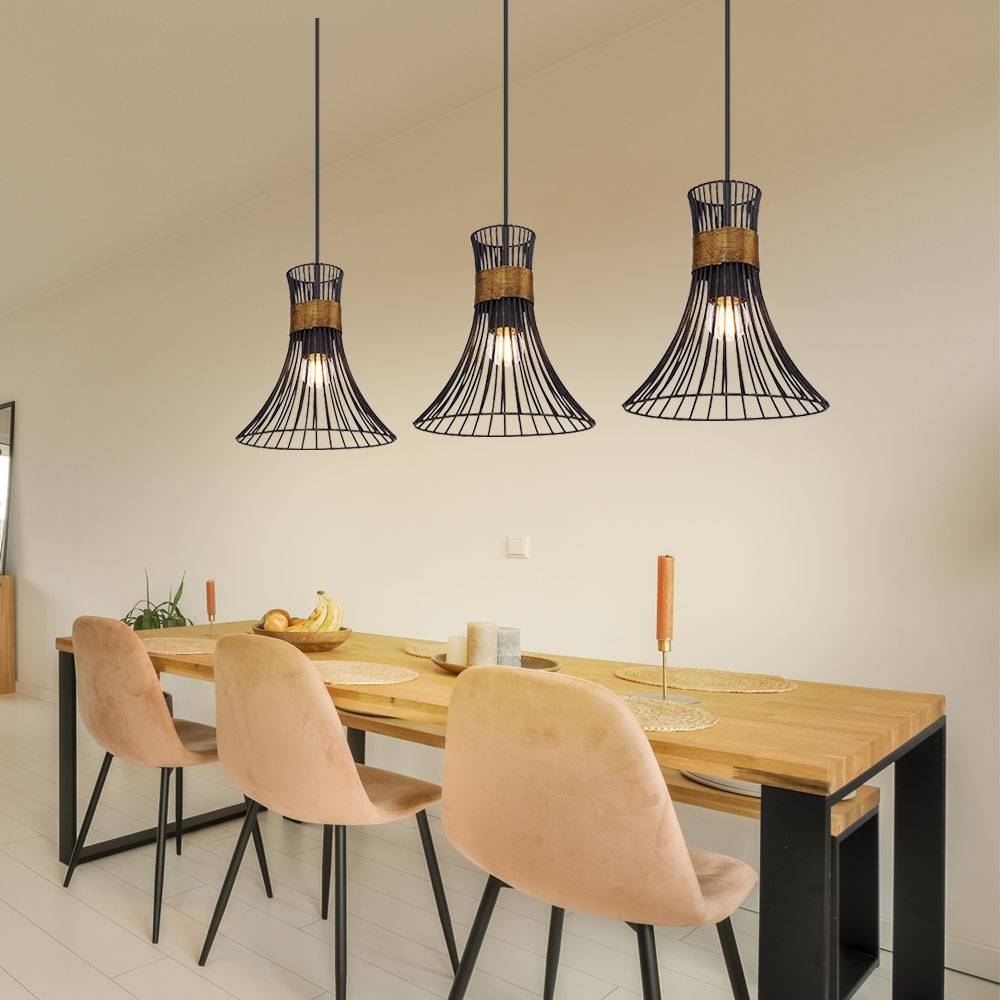 Deckenleuchte Pendellampe mit Gitter Lampenschirmen 3 flammig Hängeleuchte in schwarz-gold, Metall, 3x E27, LxBXH 80x22x120cm, Wohnzimmer Esszimmer