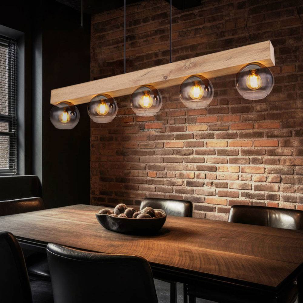 Pendelleuchte Hängelampe Wohnzimmerleuchte Glaskugeln Pendellampe schwarz Holzoptik, 5 flammig, Metall MDF, 5x E27 Fassungen, LxBxH 115x15x120 cm