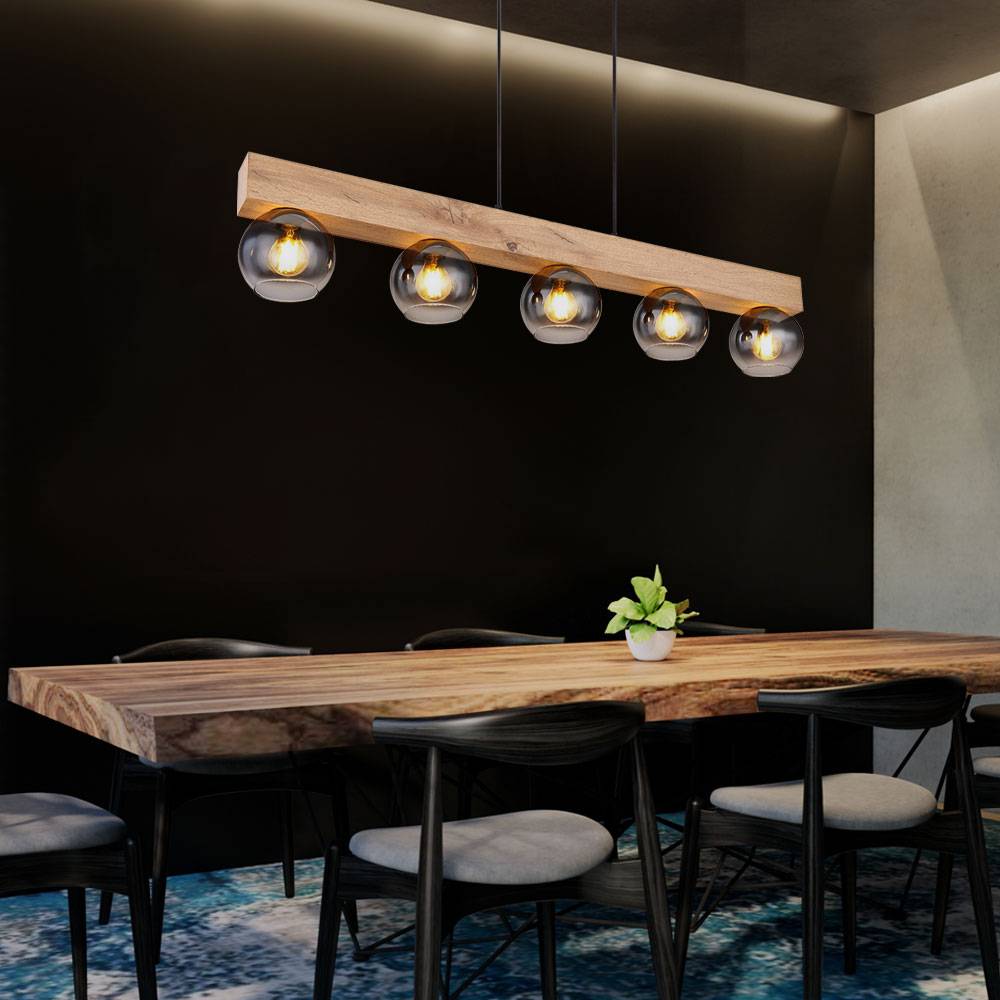 Pendelleuchte Hängelampe Wohnzimmerleuchte Glaskugeln Pendellampe schwarz Holzoptik, 5 flammig, Metall MDF, 5x E27 Fassungen, LxBxH 115x15x120 cm