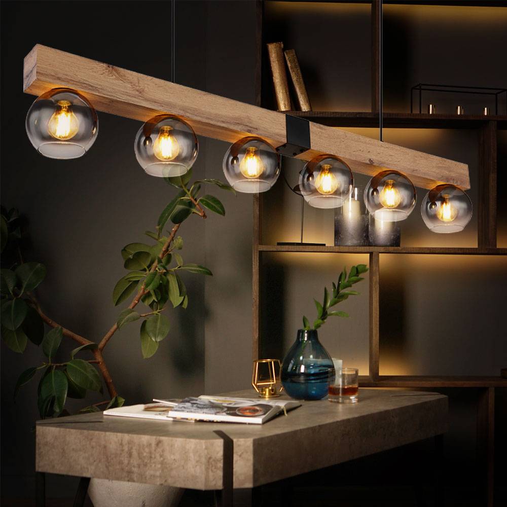 Pendelleuchte Hängelampe Holzoptik Esszimmerleuchte Landhaus Pendellampe 6 flammig, Metall schwarz, 6x E27 Fassung, LxBxH 140x15x120 cm