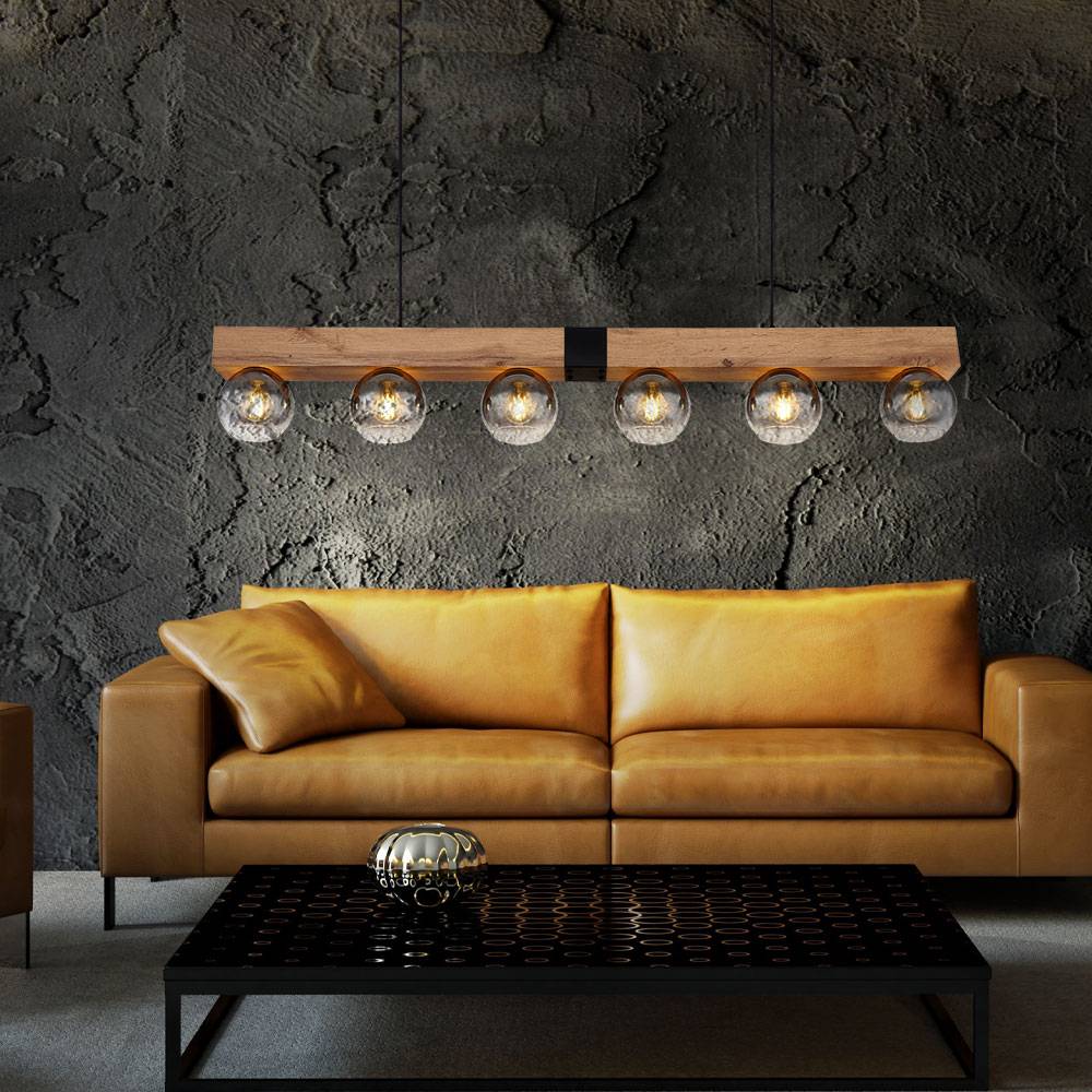 Pendelleuchte Hängelampe Holzoptik Esszimmerleuchte Landhaus Pendellampe 6 flammig, Metall schwarz, 6x E27 Fassung, LxBxH 140x15x120 cm