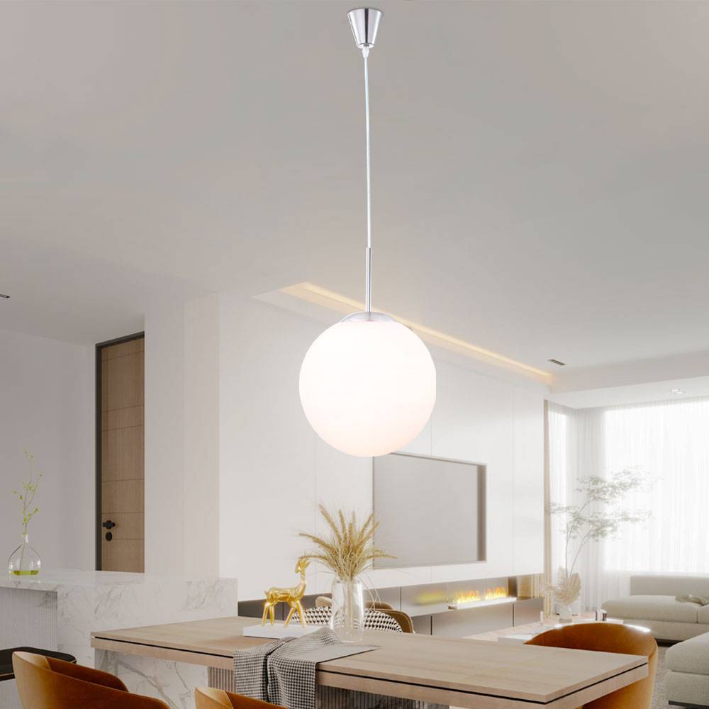 Hängelampe modern Esszimmerleuchte opal Pendellampe rund, Hängeleuchte Glasschirm Kugel satiniert, Metall silber, 1x E27 Fassung, DxH 25x180 cm