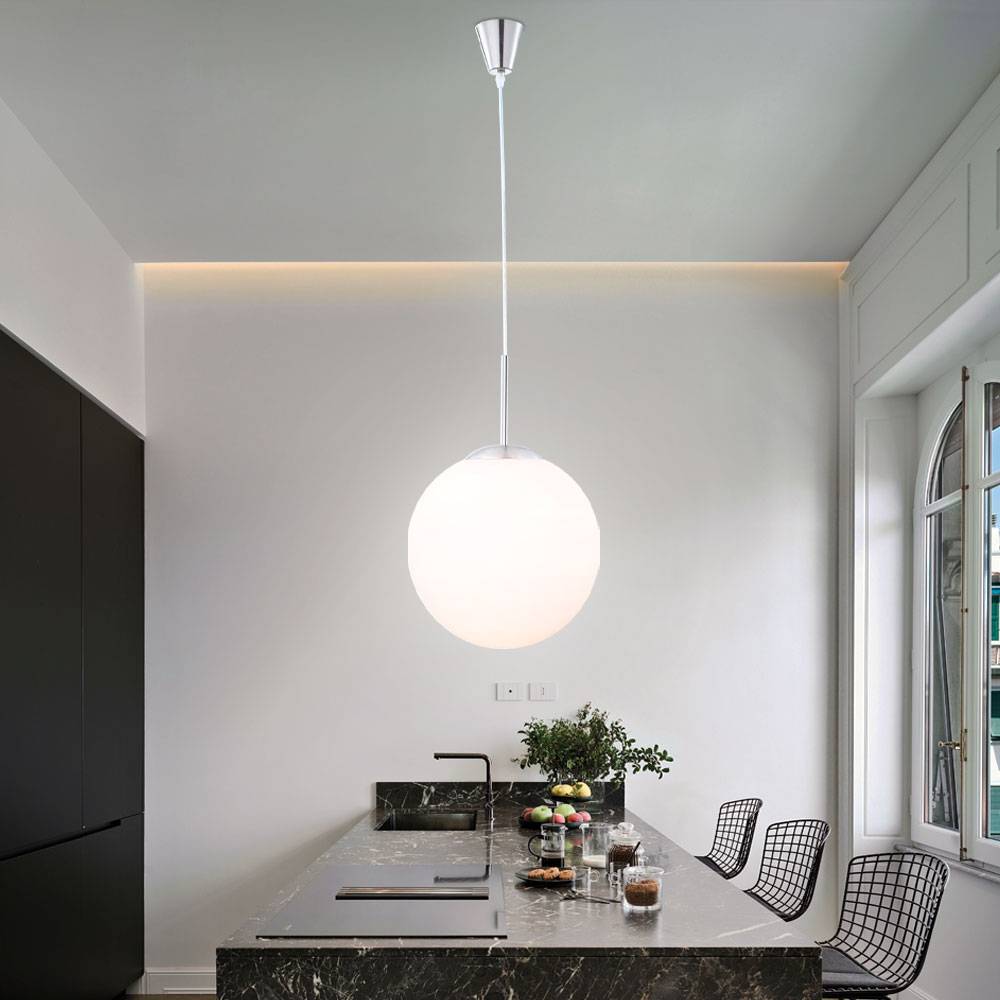 Kugelleuchte Pendellampe Hängeleuchte Pendelleuchte Esstischlampe Esszimmer, Kugelform Metall Glas satiniert weiß opal nickel, 1x E27, DxH 25x180 cm