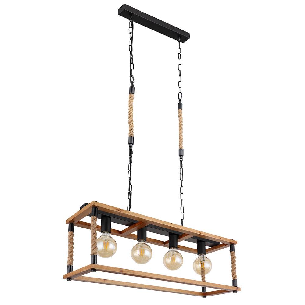 Pendelleuchte Vintage Retro Hängelampe Holz Deckenlampe Hanfseil 4 flammig, Metall schwarz braun, 4x E27 Fassungen, LxBxH 80x25x120 cm