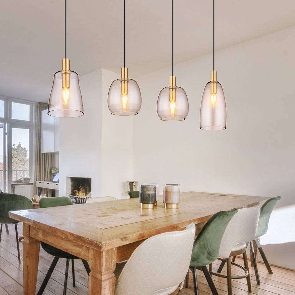 Pendellampe Esstisch Hängeleuchte 4-flammig Wohnzimmerlampe messing, Retro Pendelleuchte Glas Schirme, Metall, 4x E14 Fassung, LxBxH 107x16x120 cm