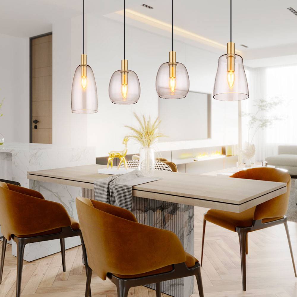 Pendellampe Esstisch Hängeleuchte 4-flammig Wohnzimmerlampe messing, Retro Pendelleuchte Glas Schirme, Metall, 4x E14 Fassung, LxBxH 107x16x120 cm