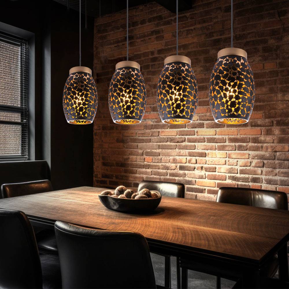 Pendelleuchte Hängelampe Esstisch 4 flammig Esszimmerlampe Hängeleuchte, orientalisch, Metall schwarz gold gemustert, 4x E27 Fassungen, HxLxB 120x9