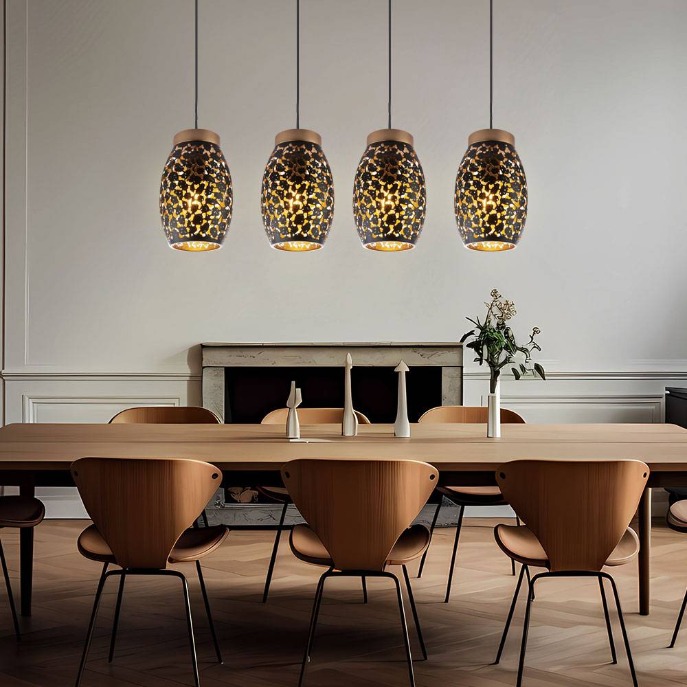Pendelleuchte Hängelampe Esstisch 4 flammig Esszimmerlampe Hängeleuchte, orientalisch, Metall schwarz gold gemustert, 4x E27 Fassungen, HxLxB 120x9