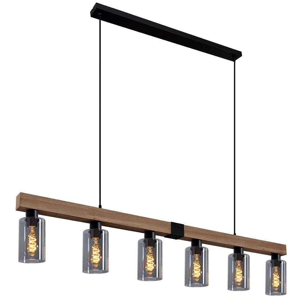 Hängelampe Pendelleuchte Holzoptik Esstischlampe 6 flammig Wohnzimmer, Rauchglas Metall schwarz, 6x E27, LxH 140x120 cm