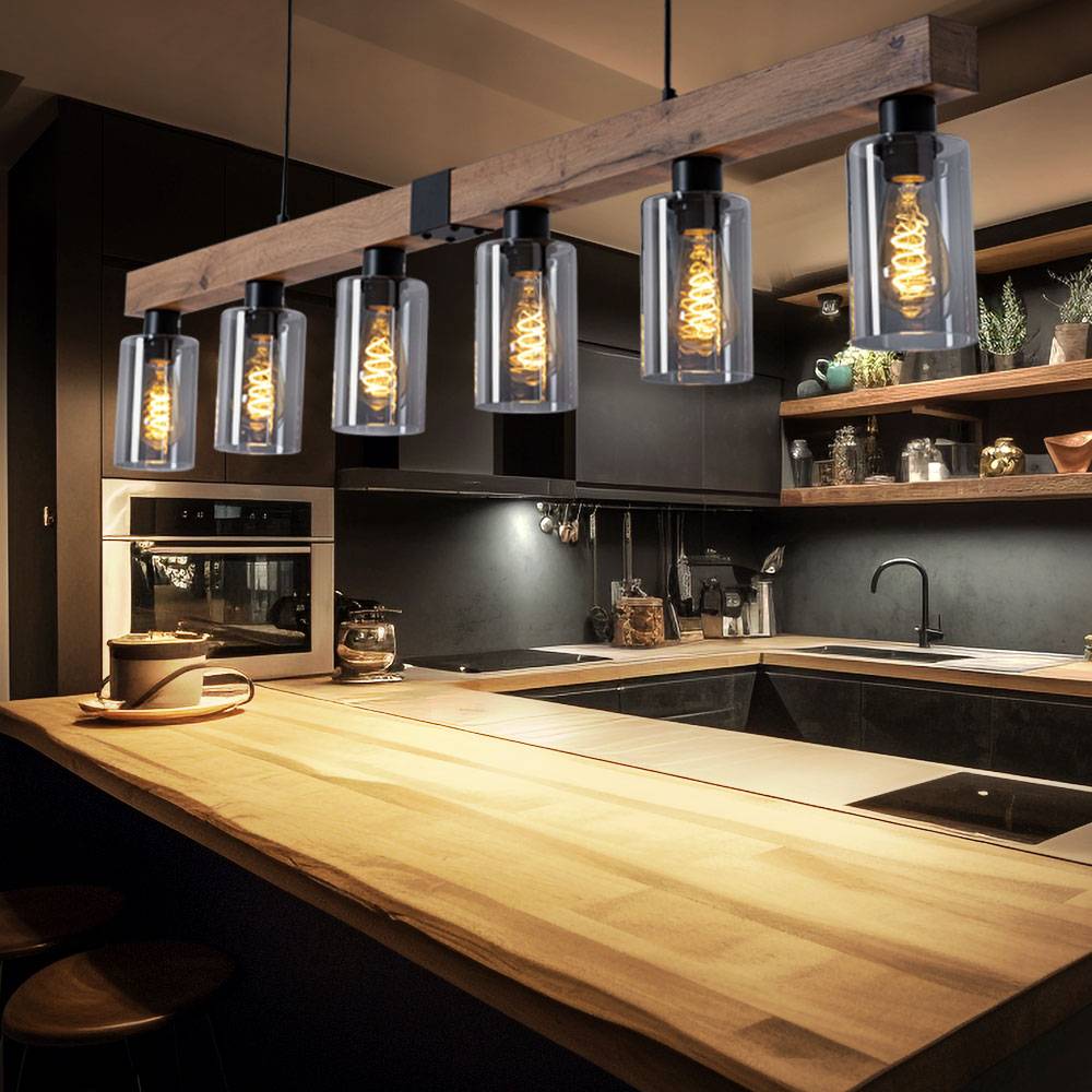 Pendelleuchte Holzoptik Esstischlampe 6 flammig Hängelampe Wohnzimmer, Rauchglas Metall schwarz, 6x E27, LxH 140x120 cm