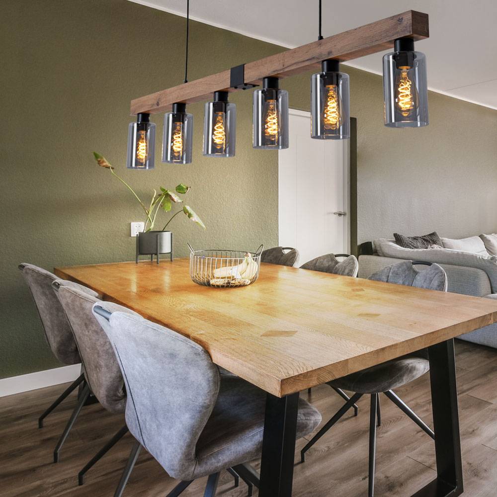 Hängelampe Pendelleuchte Holzoptik Esstischlampe 6 flammig Wohnzimmer, Rauchglas Metall schwarz, 6x E27, LxH 140x120 cm