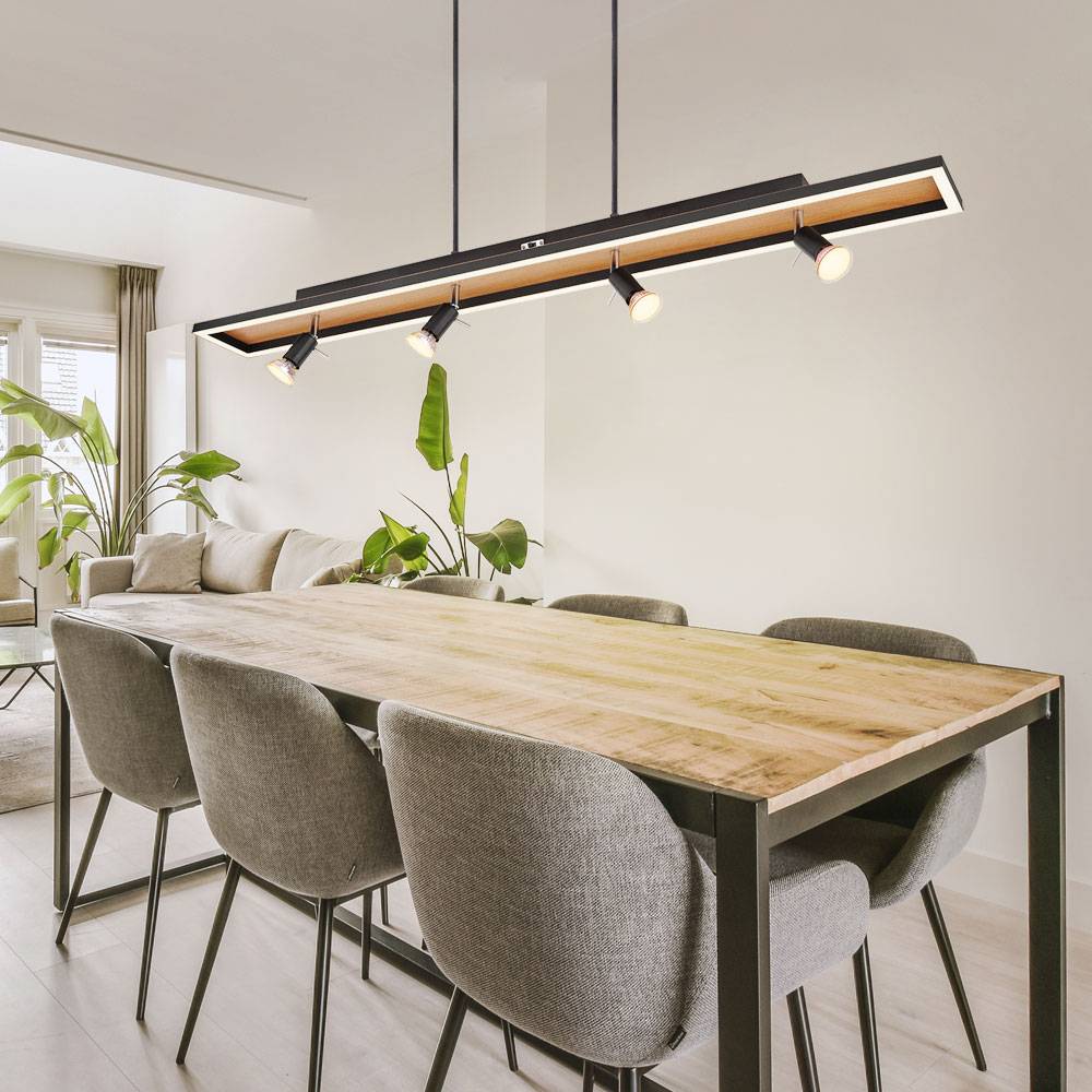 Hängelampe Esstisch Pendelleuchte schwarz Wohnzimmerlampe dimmbar, LED Hängeleuchte 4-flammig Holzoptik Spots schwenkbar, 4x GU10, LxBxH 116x12x120c