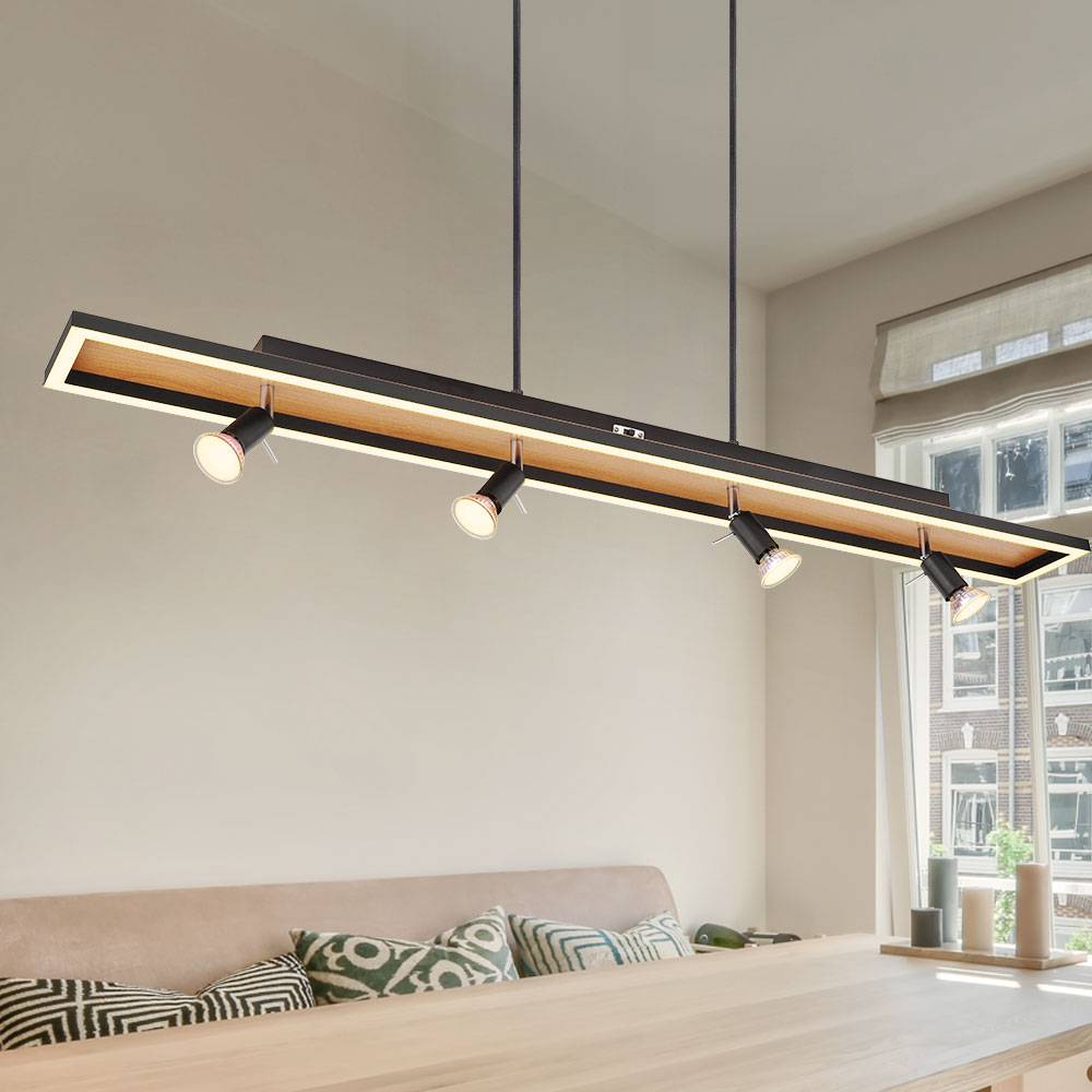 Hängelampe Esstisch Pendelleuchte schwarz Wohnzimmerlampe dimmbar, LED Hängeleuchte 4-flammig Holzoptik Spots schwenkbar, 4x GU10, LxBxH 116x12x120c
