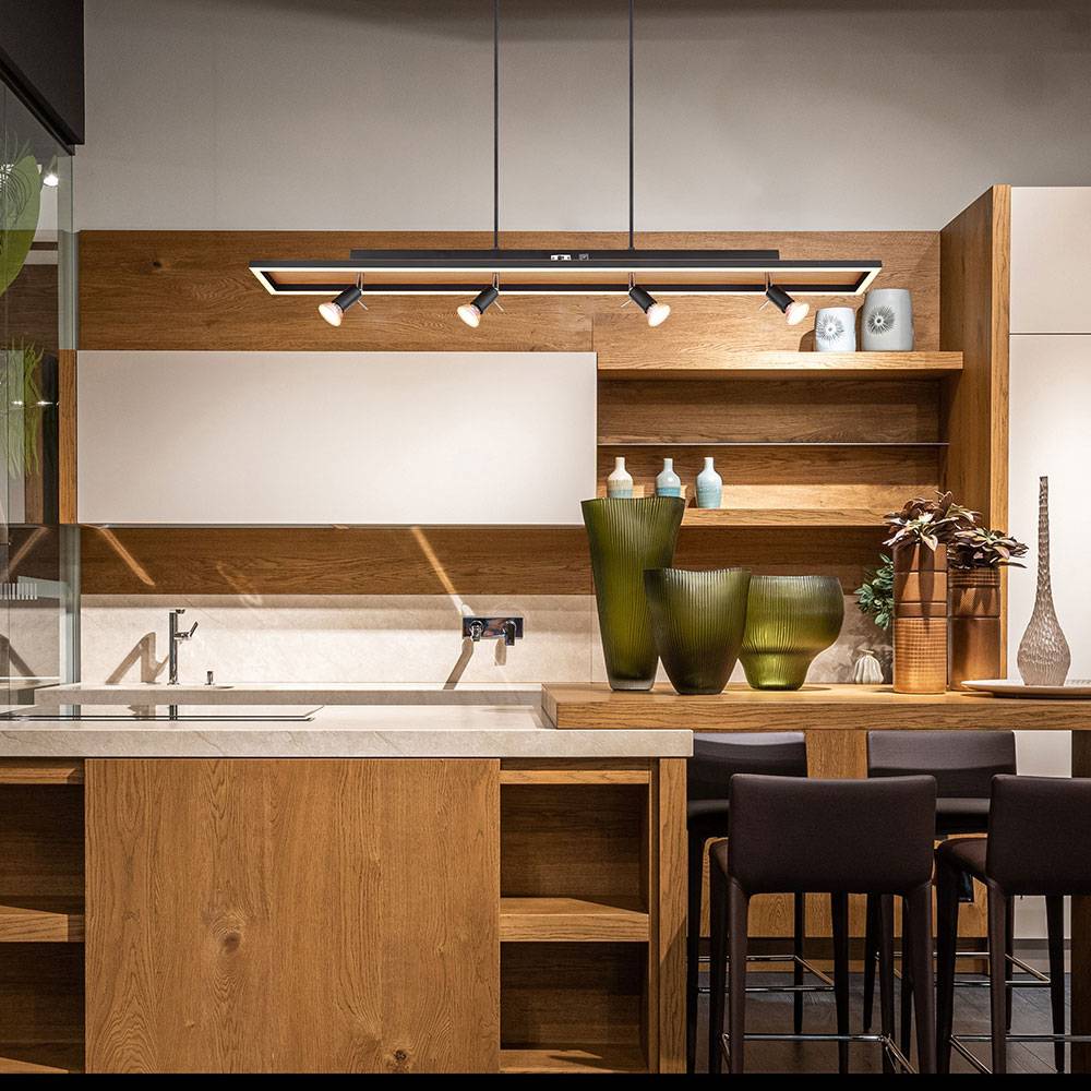 Hängelampe Esstisch Pendelleuchte schwarz Wohnzimmerlampe dimmbar, LED Hängeleuchte 4-flammig Holzoptik Spots schwenkbar, 4x GU10, LxBxH 116x12x120c