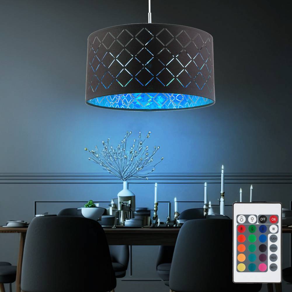 Hängelampe dimmbar mit Fernbedienung Esstischleuchte Pendellampe modern LED Wohnzimmerleuchte, RGB Farbwechsel Textil Schirm rund, Metall gold, 1x