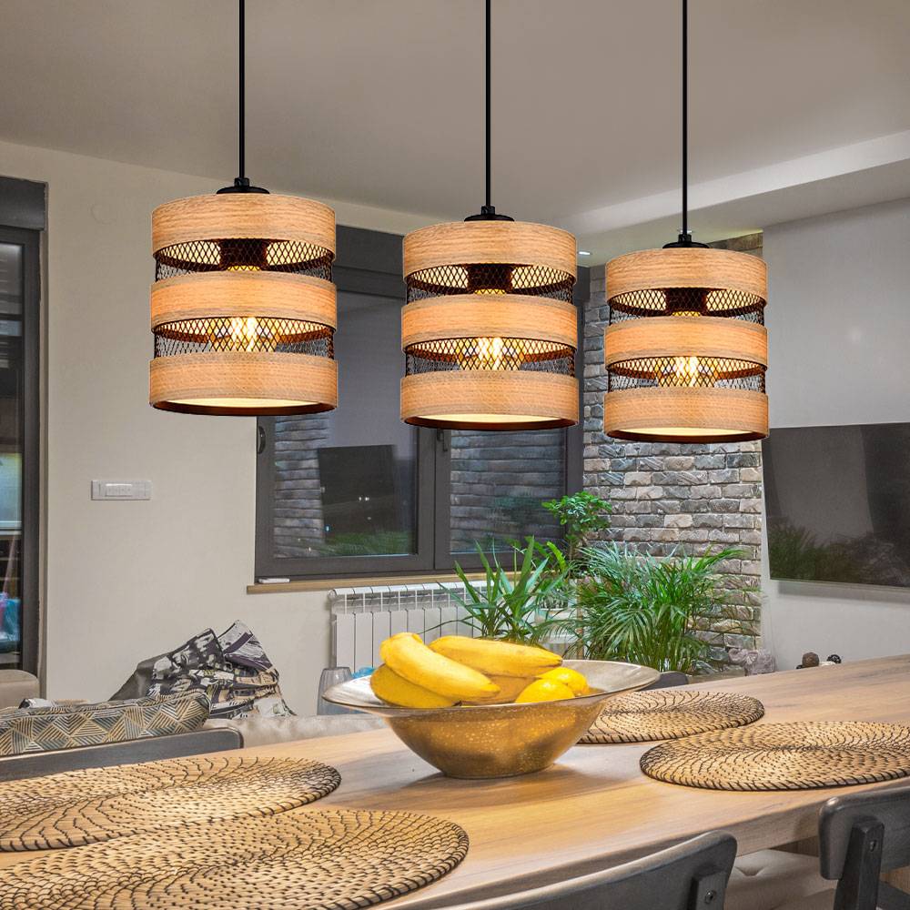 Pendellampe Hängelampe Wohnzimmerleuchte hängend Holzoptik Gitter schwarz Pendelleuchte rund 3 Flammig, Metall MDF, Fassung 3x E27, LxBxH 75x18x120