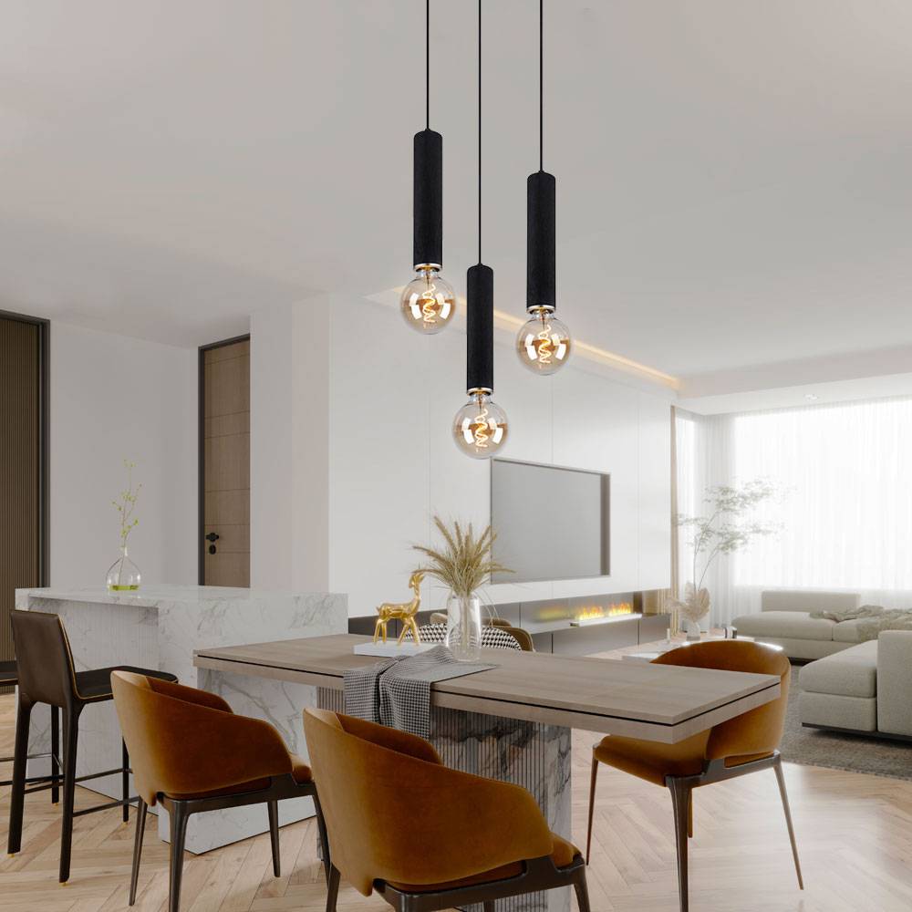 Pendelleuchte Hängelampe 3 flammig Holz Esstischleuchte Wohnzimmer Cluster Pendellampe, schwarz, 3x E27, DxH 35 x 160 cm